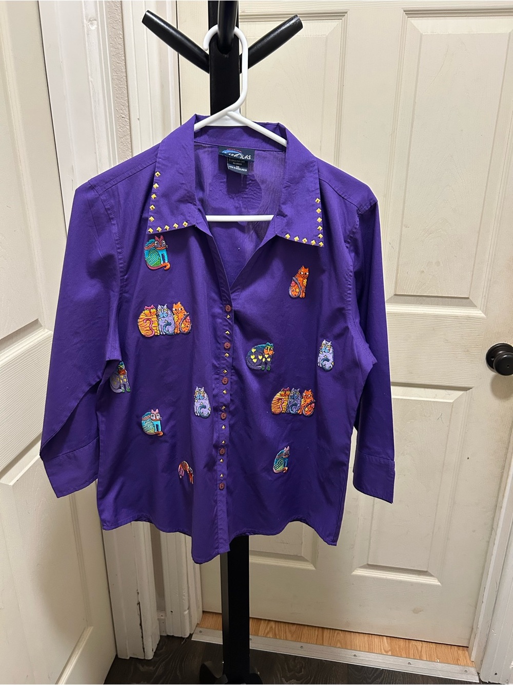 VTG Las Olas Purple Cat Embroidered Button Up Blouse Novelty 90s Wearable Art